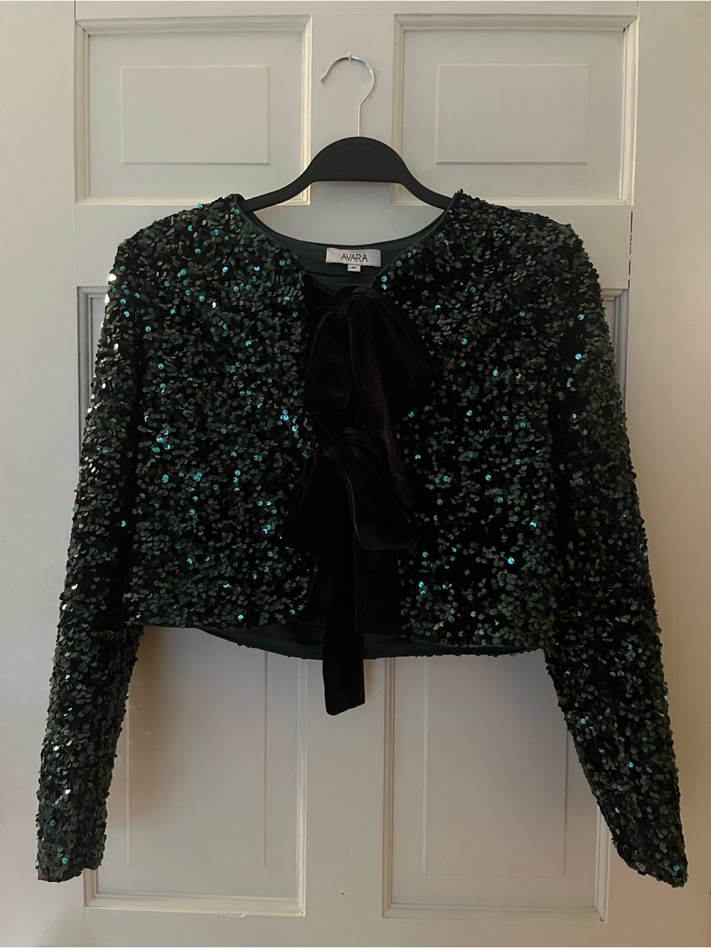 Avara Exclusive Green Sequin Cropped Jacket with Velvet Bow Closure